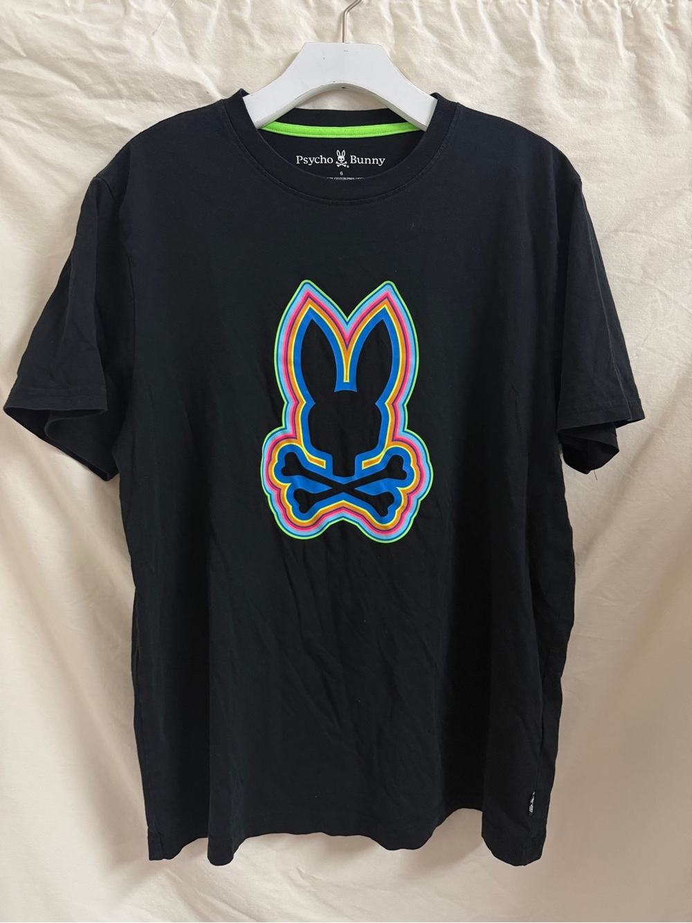 Psycho Bunny Black Tee with Neon Rainbow Bunny Logo size 6 large